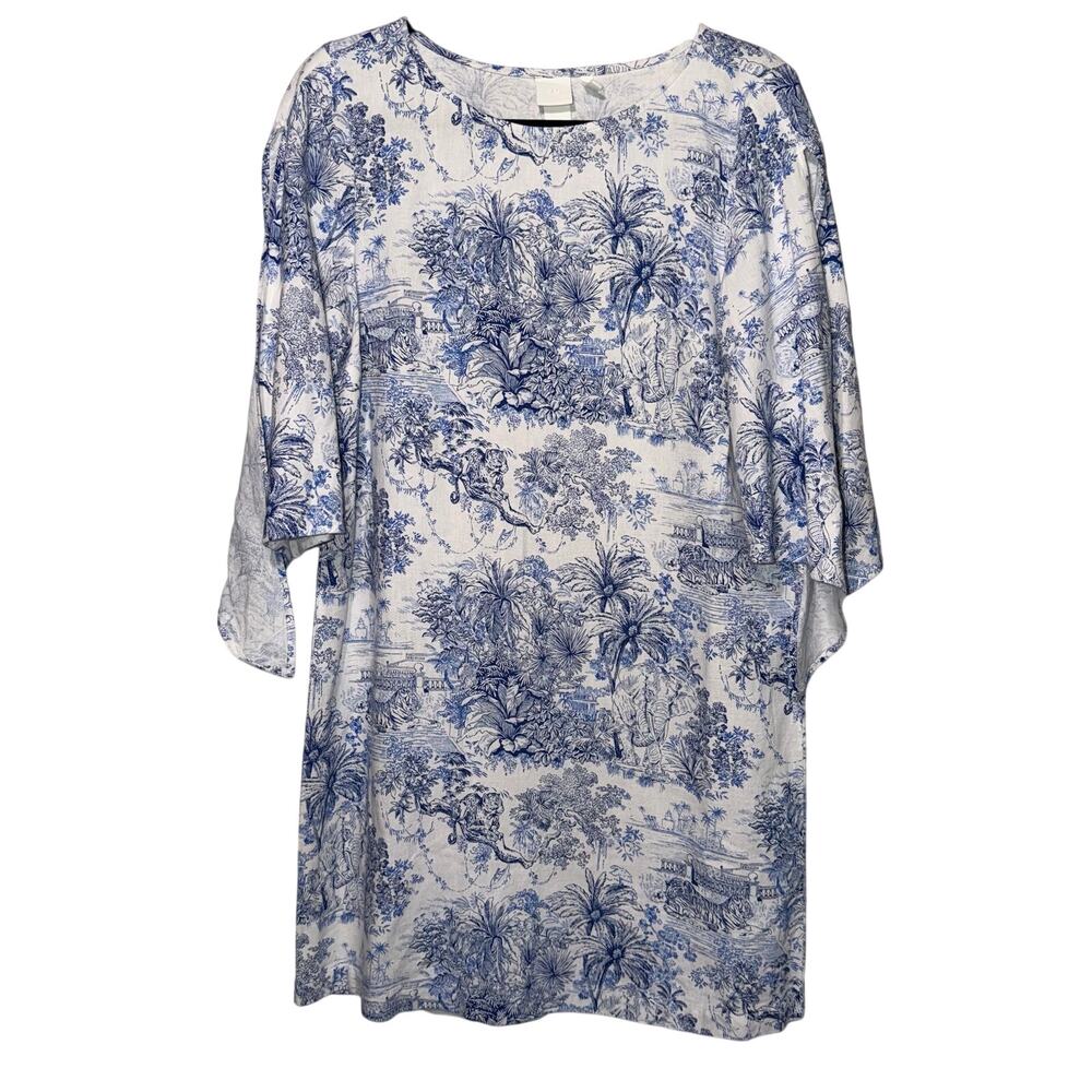 Blue White Toile Jungle Elephant Linen Blend Shift Dress Sz 4 Tropical